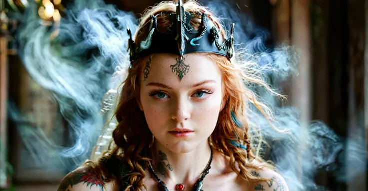 (best quality,highres,ultra-detailed), close-up, 19 year old long haired ginger woman, hair is tightly braided and kept under a ceremonial warriors helmet, tattooed, detailed facial tattoos, shirtless, muscular, fully tattooed body, magical ritual, magical...