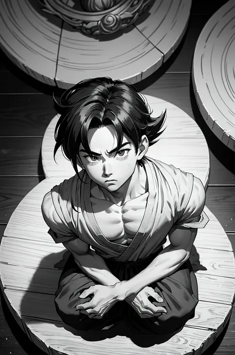 a drawing of a young Gohan sitting on a throne, Son Goku, portrait of Goku, Goku from dragon ball, goku from dragon ball z, highly detailed portrait of Goku, Goku portrait, Goku as an asian man, goku from dragonball z, by Akira Toriyama, Goku, black and wh...