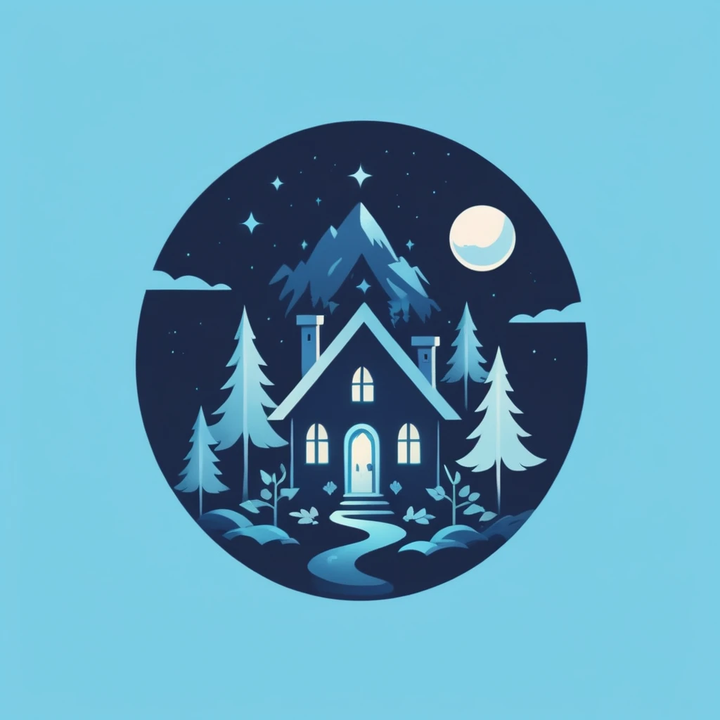 A logo with a family house full of magic, In an enchanted forest, minimalist, Dark blue, light blue and turquoise