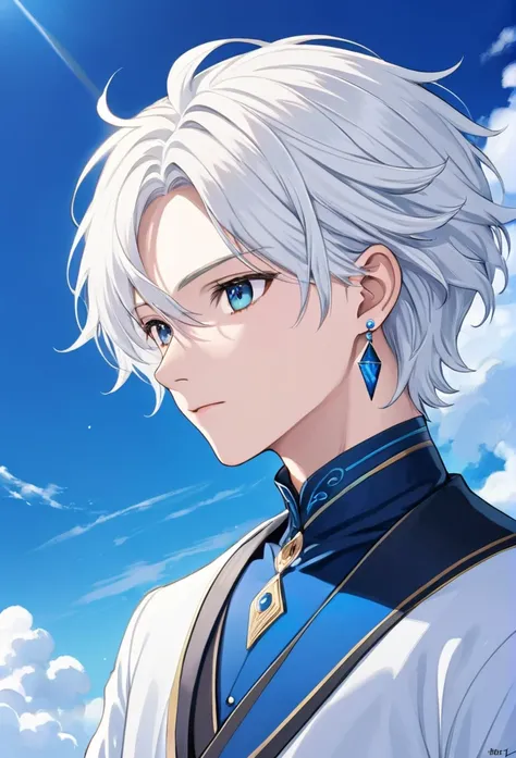 white haired omega male boy up to his neck, tender eyes blue as the sky, white and delicate skin, long earrings