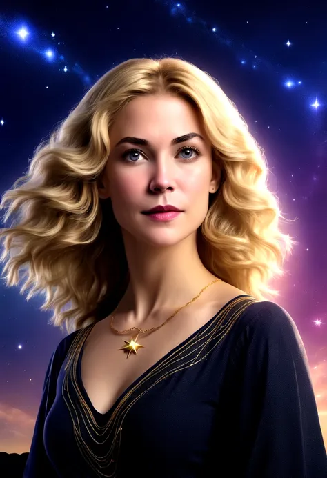 a portrait of an astrologer looking to the sky at ((libra constellation: 1.5)) in the night sky, an extraordinary beautiful woman, there is magic in her eyes divining the future from the Libra constellation, blond hair, dynamic hair style, wearing an intri...