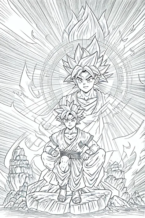 a drawing of a young Gohan sitting on a throne, Son Goku, portrait of Goku, Goku from dragon ball, goku from dragon ball z, highly detailed portrait of Goku, Goku portrait, Goku as an asian man, goku from dragonball z, by Akira Toriyama, Goku, black and wh...