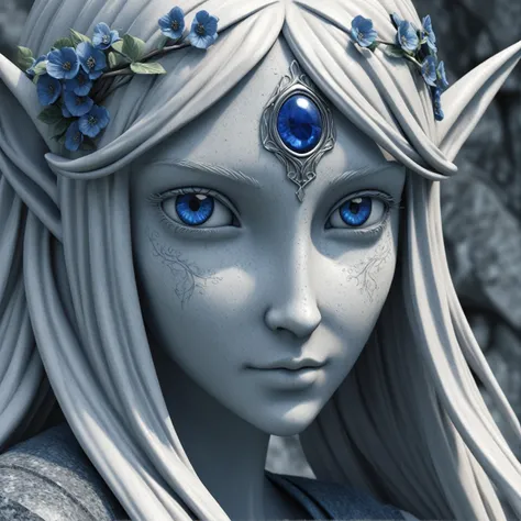 A granite stutue of a beautiful elven maiden. with eyes of saphire.