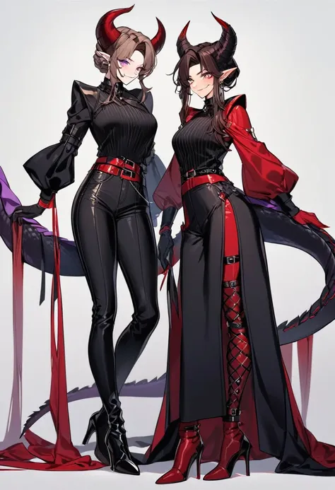 Tall woman, cheeky smile, brunette, hair gathered in a low bun, strands on the sides of face, red and black clothes, purple eyes, dragon tail and horns, belts, pants, light lipstick, high heels leather boots