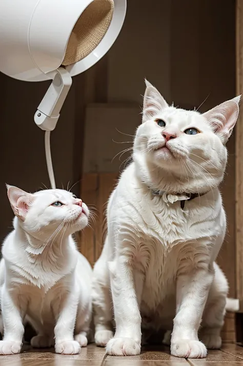 a white cat , singing , next to a dog