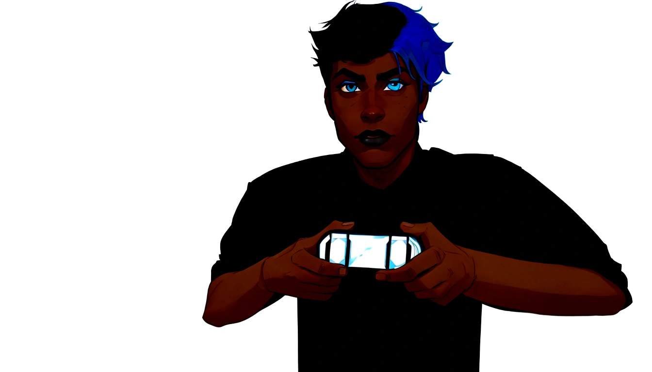 A black teenager with blue hair on the sides and black on top, eyes with light blue and dark blue heterochromia, wearing a black shirt, playing video game, work of art, style cartoon