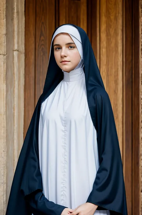 A realistic picture of a young medieval European nun wearing a dark blue habit