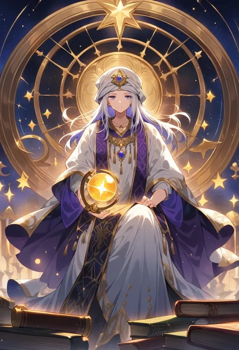 ((Masterpiece)), ((Best Quality)), (Very Detailed), ((Very Detailed)), 4K, (8K), very aesthetic, absurdres highres, Picture an astrologer in a fantasy story. He wears a long robe of deep blue and purple, patterned with gold and silver stars and moons. The ...