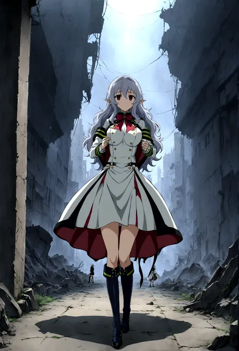 Anime. Owari no Seraph. 1 Girl. Expensive . A vampire. Clumsy. Progenitor. Silver hair. Wavy hair. Long hair. Red eyes. Beautiful eyes. Perfect eyes. Expressive eyes. Ideal face. Perfect body. Beautiful long ones. legs. Beautiful nose. 18 years. Big breast...