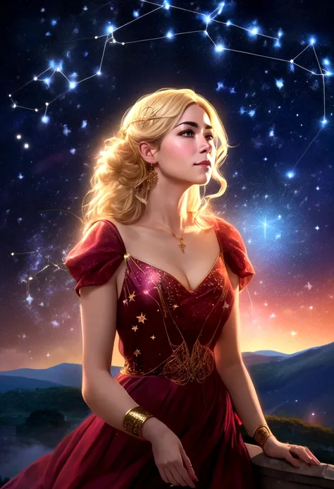 a portrait of ((libra constellation: 1.5)) observed by astrologer looking to the sky at  in the night sky, an extraordinary beautiful woman, there is magic in her eyes divining the future from the Libra constellation, blond hair, dynamic hair style, wearin...