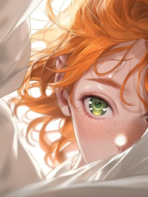 Pretty woman, Young adult, close up on face, Orange hair, Short orange hair that flips and curls up, Pale skim, Freckles, Ginger hair, pale green eyes, White silk robes