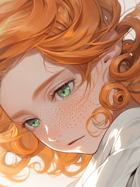 Pretty woman, Young adult, close up on face, Orange hair, Short orange hair that flips and curls up, Pale skim, Freckles, Ginger hair, pale green eyes, White silk robes