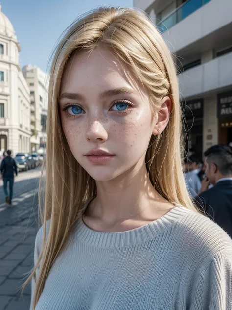 A beautiful girl, blonde, with freckles, unique and very beautiful blue eyes, with a mole next to her left eye, walks in Mexico City during the day. The background of the image is the iconic Angel of Independence. The scene must be realistic, detailed, wit...