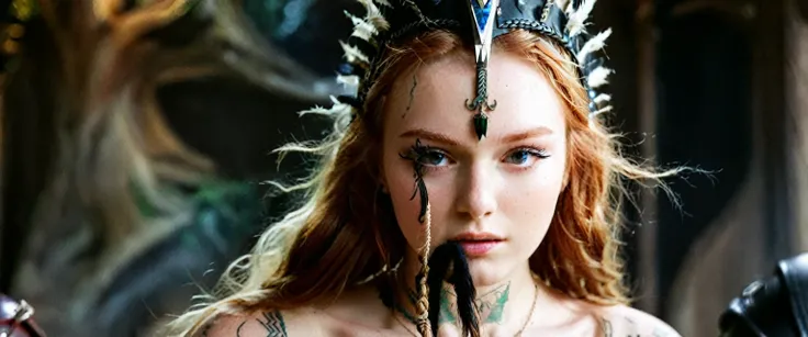 (best quality,highres,ultra-detailed), close-up, 19 year old long haired ginger woman, hair is tightly braided and kept under a ceremonial warriors helmet, tattooed, detailed facial tattoos, shirtless, muscular, fully tattooed body, magical ritual, magical...