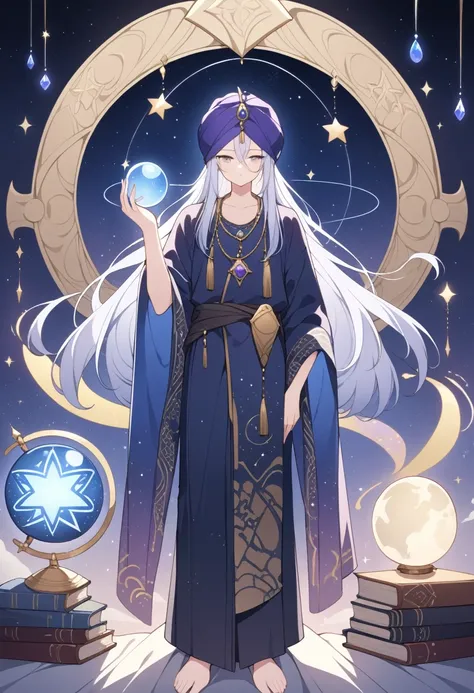 ((Masterpiece)), ((Best Quality)), (Very Detailed), ((Very Detailed)), 4K, (8K), very aesthetic, absurdres highres, Picture an astrologer in a fantasy story. He wears a long robe of deep blue and purple, patterned with gold and silver stars and moons. The ...