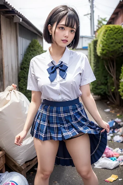 NSFW,(impatience shame:1.3),School girl White uniform,blue checkered Pleated skirt,show teeth,masterpiece, Highest quality, High resolution, remu Suzumori,short hair,Earrings,necklace, jewelry,fullbody,Detailed face,(slum,in the afternoon garbage dump:1.3)...