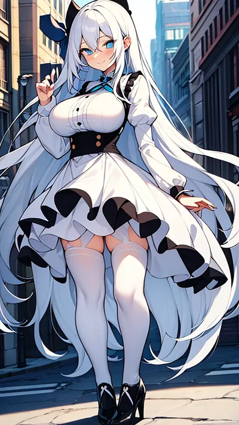 Perfect body, perfect eyes, perfect hands, 1woman, long white hair, blue eyes, smiley face, white long-sleeved shirt, black fluffly skirt, long white stockings, black heels, big breasts, big ass, street background