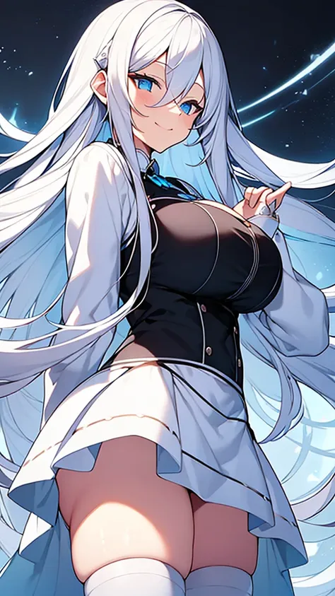 Perfect body, perfect eyes, perfect hands, 1woman, long white hair, blue eyes, smiley face, white long-sleeved shirt, black fluffly skirt, long white stockings, black heels, big breasts, big ass, street background