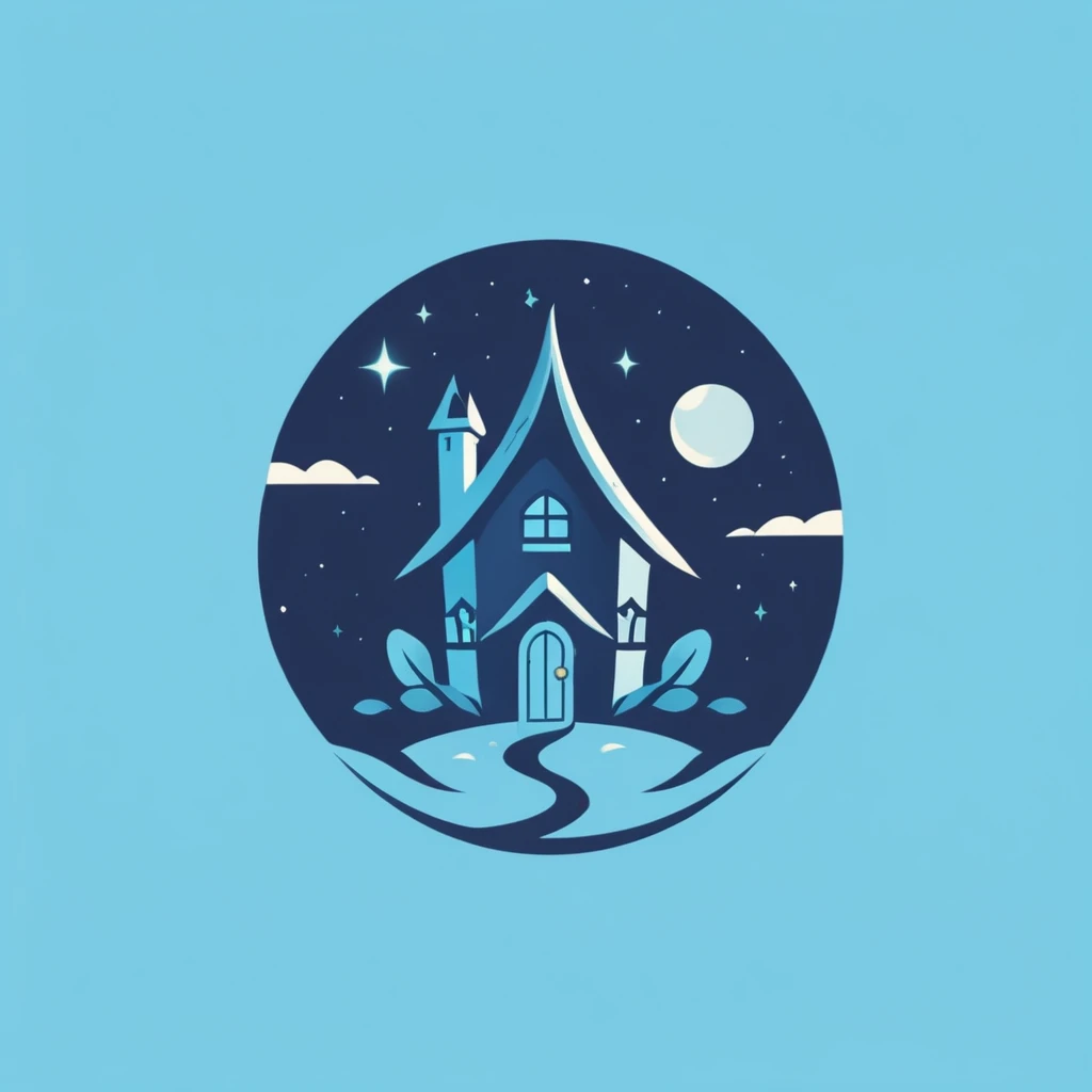 A logo with a family house full of magic, with an elf,  minimalist, Dark blue, light blue and turquoise