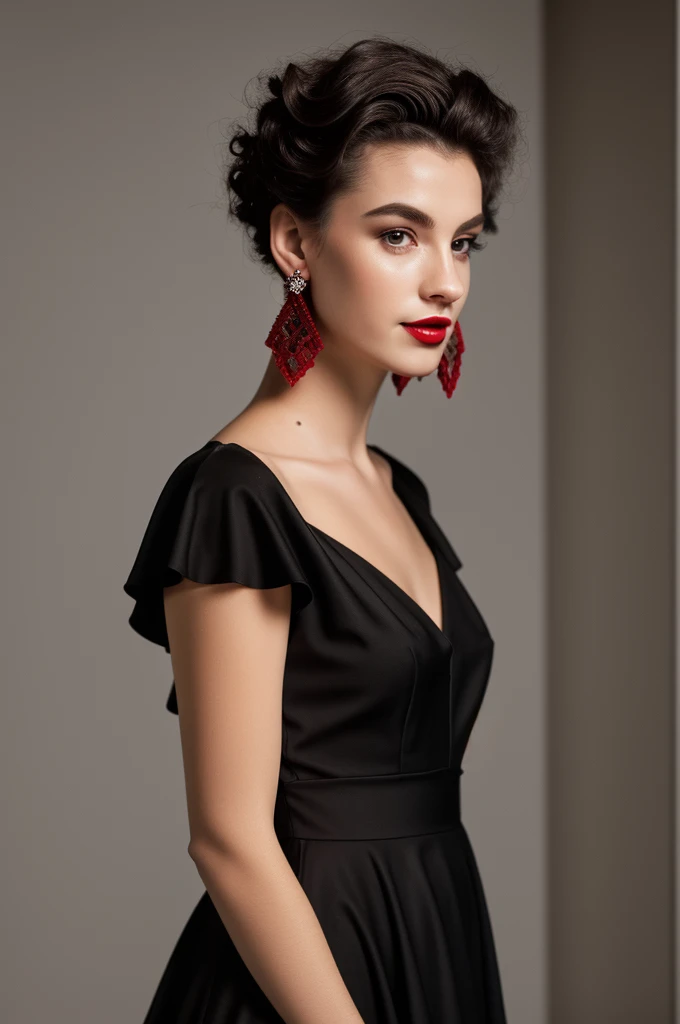 Beautiful woman, photo portrait, close-up, small elegant earrings, red matte lipstick, black dress with lurex, looking at the camera, dark background