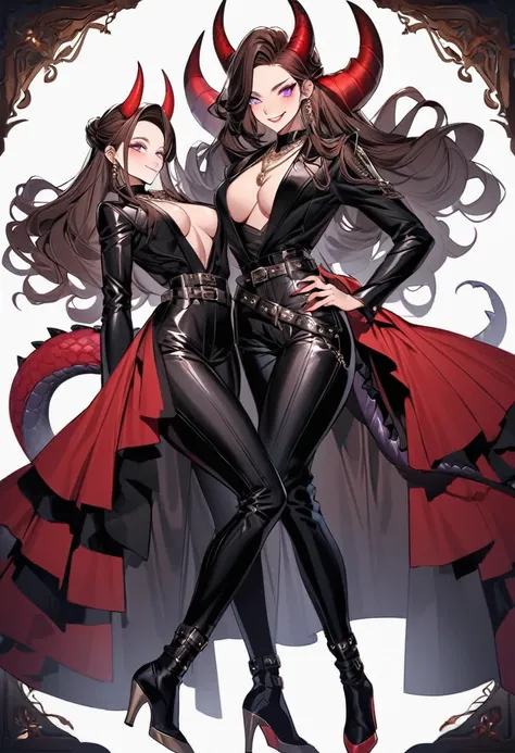 Tall woman, cheeky smile, brunette, hair gathered in a low bun, strands on the sides of face, red and black clothes with open chest, deep necklace, purple eyes, dragon tail and horns, belts, pants, light lipstick, high heels leather boots