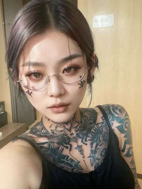 there is a woman with a tattoo on her chest and glasses, cruel korean gothic girl, with facial tattoo, korean symmetrical face, heavy body modification, bright and penetrating eyes, Taiwanese girl with tattoos, using spikes and piercings, 1 7 year old goth...