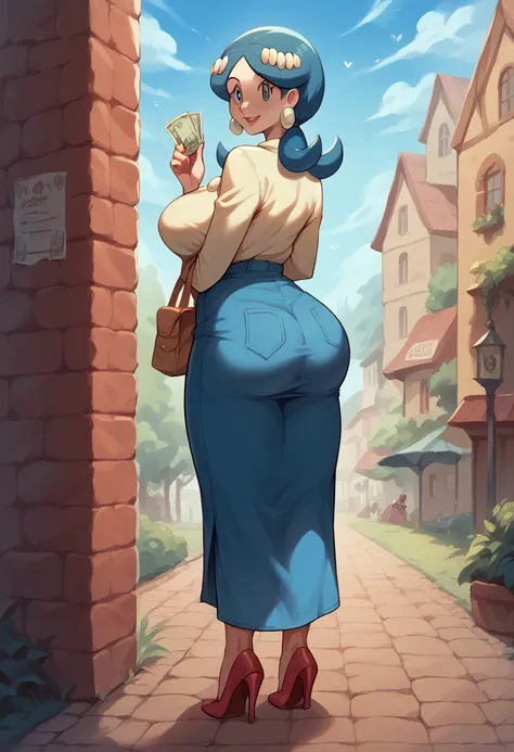 lanas mother (pokémon), sexy woman big breasts,  big butt, long legs, dressed as a prostitute, vista cercana