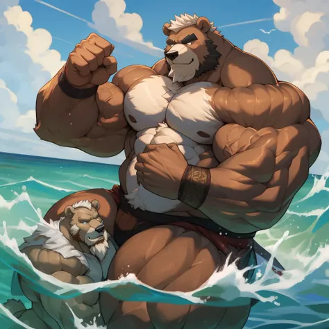 a huge muscular furry Grizzly bear old man swimming in sea, huge shoulder muscle , shirtless, muscle, strong man, strong bear, huge muscle, short hair, bearded, white hair and beard, massive body, black swim trunks, thick heavy brown fur, wrinkles skinned,...