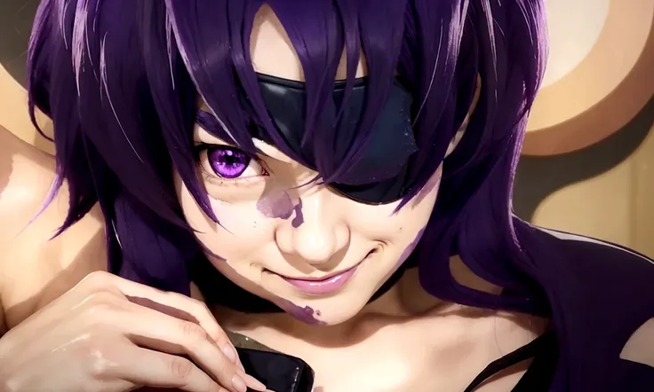 a close up of a person with purple hair and a black eye, minene uryuu, minene uryuu, minene uryuu, minene uryuu, smug smirk, wit...