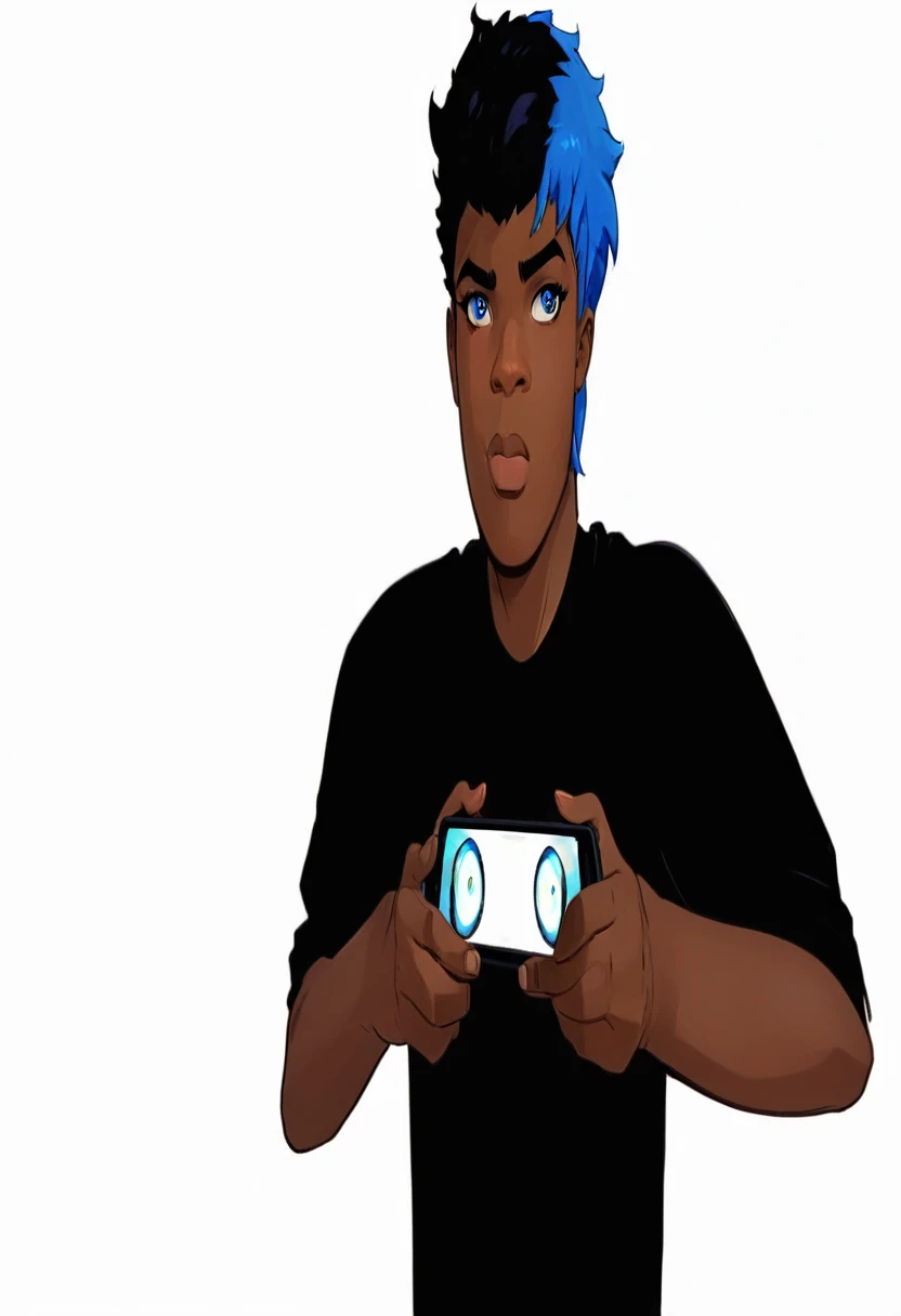 A black teenager with blue hair on the sides and black on top, eyes with light blue and dark blue heterochromia, wearing a black shirt, playing video game, work of art, style cartoon