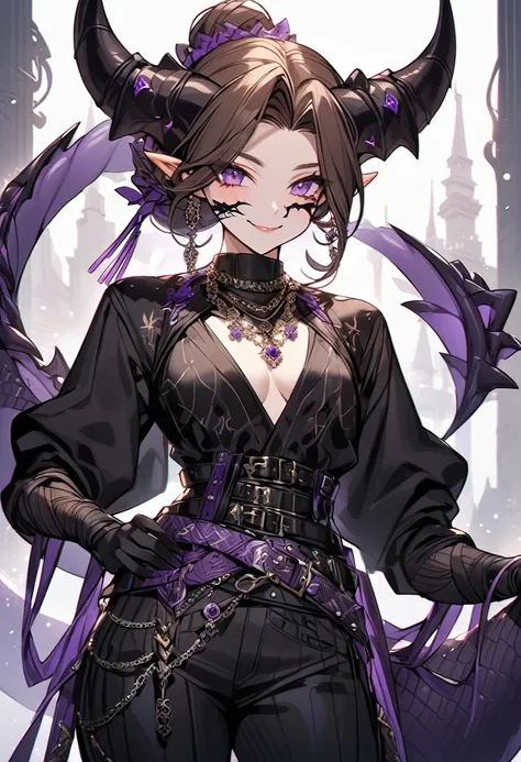 Tall woman, cheeky smile, brunette, hair gathered in a low bun, strands on the sides of face, red and black clothes with open chest, deep necklace, purple eyes, dragon tail and horns, belts, pants, many details