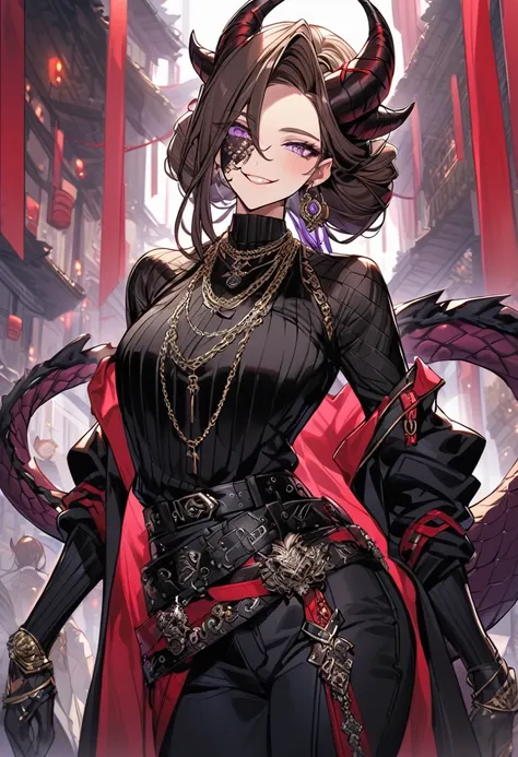 Tall woman, cheeky smile, brunette, hair gathered in a low bun, strands on the sides of face, red and black clothes with open chest, deep necklace, purple eyes, dragon tail and horns, belts, pants, many details