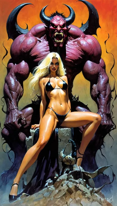 sexy girl loves giant demon, inspired by Simon Bisley and Bill Sienkiewicz 