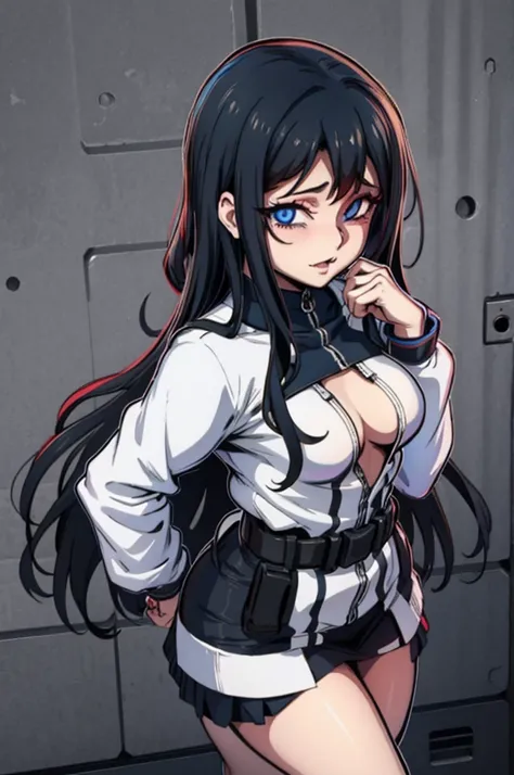 edgGesugao, Curvy blue eyed girl with long wavy black hair and small breasts, extreme:3.0, lewd:3.0