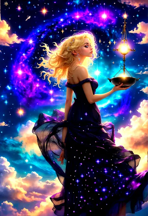 a portrait of an astrologer looking to the sky at libra constellation in the night sky, an extraordinary beautiful woman, there is magic in her eyes divining the future from the Libra constellation, blond hair, dynamic hair style, wearing an intricate dark...