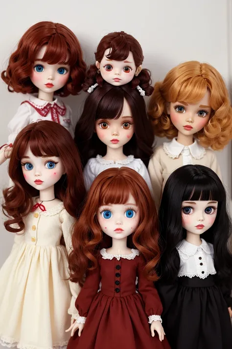 Blythe Dolls with dark red hair, curly, short and with bangs