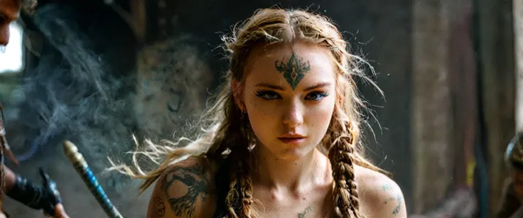 (best quality,highres,ultra-detailed), gritty and dusty image, model is intense, dust and darkness are in the air, close-up, 19 year old long haired ginger woman, hair is tightly braided and kept under a ceremonial warriors helmet, tattooed, detailed facia...