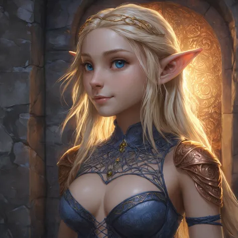 A granite stutue of a beautiful elven maiden. with eyes of saphire. Hair that is made of copper wire. Marble corset. he artwork should be rendered in the style of "Breath of the Wild," featuring warm lighting and shadows. Include graphite shading, stencil ...