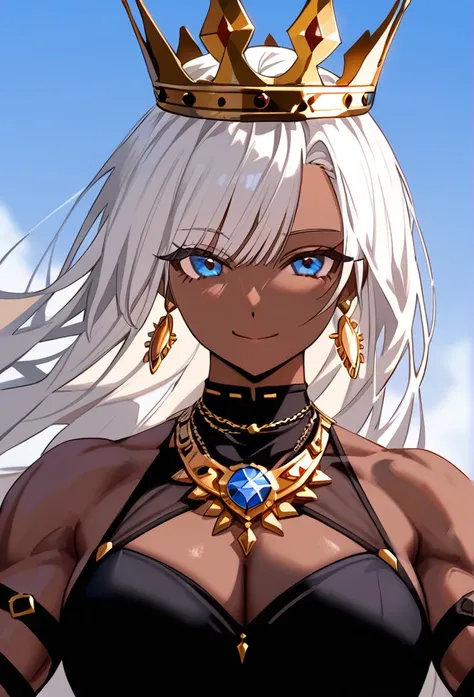 masterpiece, best quality, upper body, score_9,beautiful woman, dark skin, white hair, sky blue eyes, black dress, yellow crown, black jewels in the crown, gold belt, gold earrings, gold necklace, tall, athletic build, muscular arms, confident smile, black...