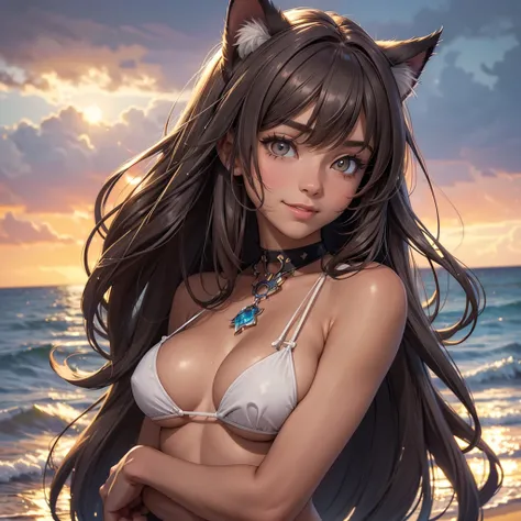 (high resolution, upper body, soft skin:1.2),(best illustration,masterpiece:1.2),ultra-detailed,[(cat ears , gray inside:1.2, brown cat eyes, gray long hair, large breast),vivid colors,sharp focus,portrait, beach lighting,bokeh, wearing a tan bikini, water...