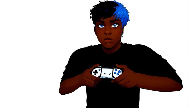 A black teenager with blue hair on the sides and black on top, eyes with light blue and dark blue heterochromia, wearing a black shirt, playing video game, work of art, style cartoon