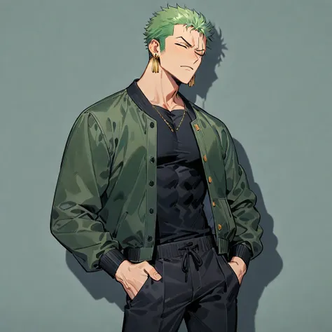 male focus, 1boy, green hair, solo, roronoa zoro, jewelry, earrings, scar across eye, scar, short hair, scar on face, shirt, one eye closed, jacket, pants, hands in pockets, single earring, looking at viewer, black shirt, sideburns, open clothes, ((medium ...