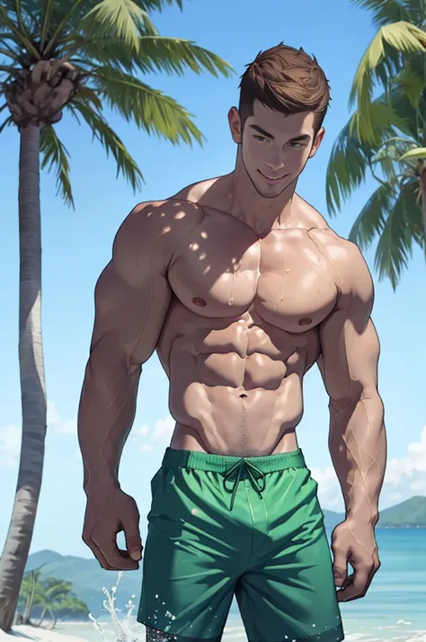 Clear background、A handsome tall Japanese man standing, He is 28 years old，Thin waist，The pectoral muscles are well developed, He is 175cm tall，Weight 62 kg、yellow-green eyes、brown hair color、eating popsicles，short hair、Shirtless、swimming trunks、looking in...