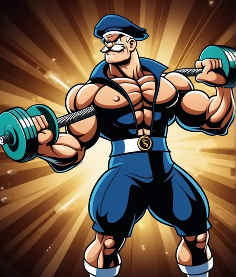 Sailor Popeye faithful to the cartoon, lifting a big dumbbell as a bodybuilding athlete, highlighting your chin and forearm, your muscles well defined, Symmetrical, not exaggerated, harmonic, classic sailor look with pipe, sem beard. with a powerful expres...