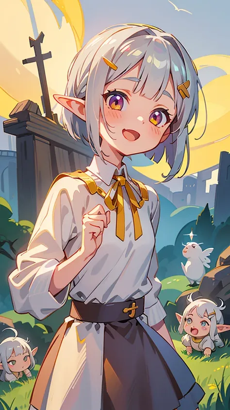 １girl、Small breasts、Angelic Face, Goblins, Elf ear hair, Silver hair and short bob hairstyle、Tie your hair up with a hair clip、Glowing pink round eyes, cute, Yellow peasant tunic, Medieval, Medieval city background, Bust from the neck up, Big smile, Open y...