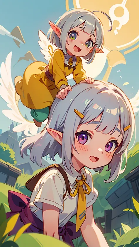 １girl、Small breasts、Angelic Face, Goblins, Elf ear hair, Silver hair and short bob hairstyle、Tie your hair up with a hair clip、Glowing pink round eyes, cute, Yellow peasant tunic, Medieval, Medieval city background, Bust from the neck up, Big smile, Open y...