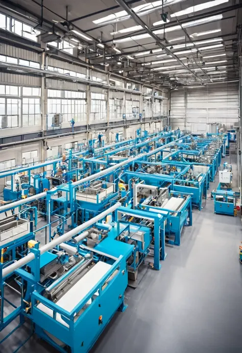 Batch Production: "A modern factory with adjustable machines and different products in different batches. Industrial environment with workers setting up machines."