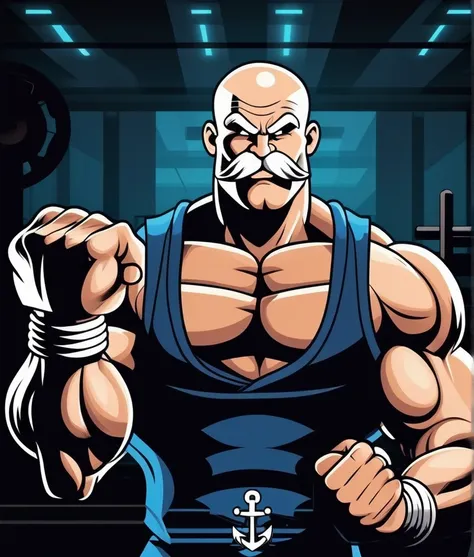 Sailor Popeye faithful to the cartoon, lifting a big dumbbell as a bodybuilding athlete, highlighting your chin and forearm, your muscles well defined, Symmetrical, not exaggerated, harmonic, classic sailor look with pipe, sem beard. with a powerful expres...