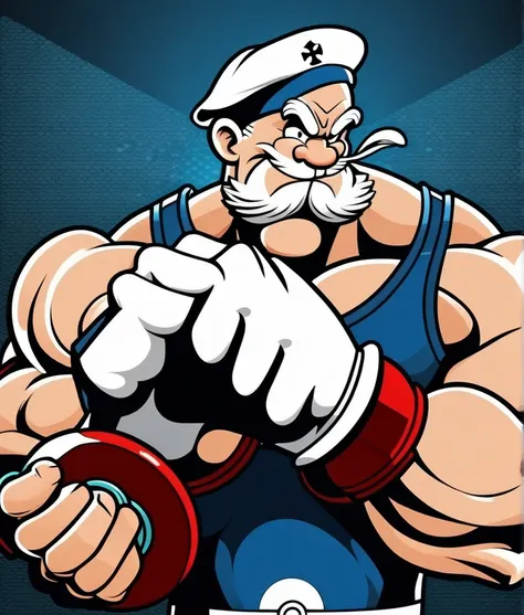 sailor popeye faithful to the cartoon, lifting a big dumbbell as a bodybuilding athlete, highlighting your chin and forearm, you...