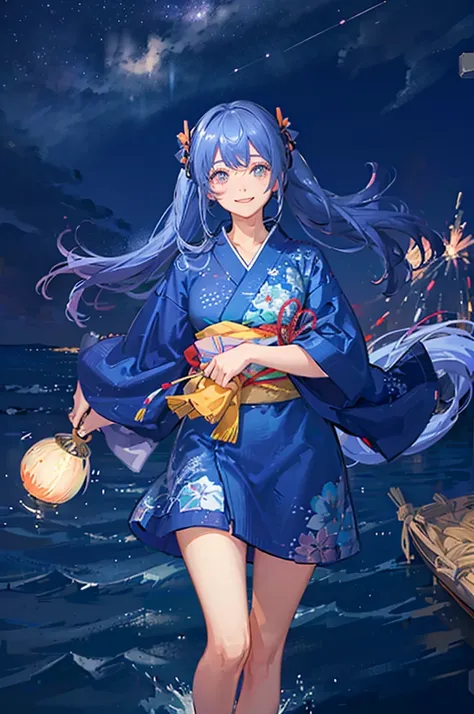 Colorful fireworks、Seaside、One girl，Expose the whole body，Nice face，Dark Eyes、Light blue long hair、Beautiful girl with twin tails，Fireworks across the sky、Bright smile、Wearing a yukata with a floral pattern、Warm and soft lighting，Night Sky，Starry Sky